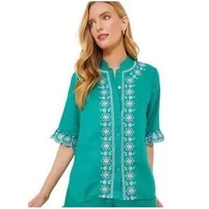 Tuckernuck Hyacinth House Shirt Women Small Green Linen Embroidered Ruffle Tunic